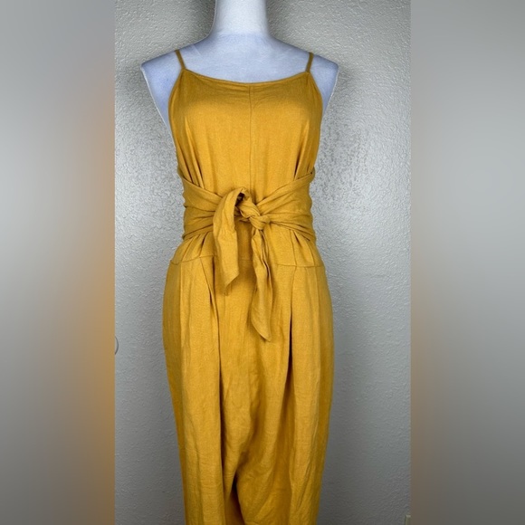 Paper Crane Yellow Linen Jumpsuit, Tie Front Jumper Size Large, Mustard Yellow - Picture 5 of 14